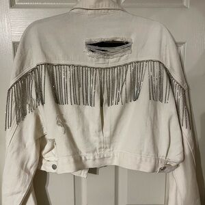 Deconstructed WESTERN White Denim Jacket w/Rhinestone fringe NWT CAVENDERS